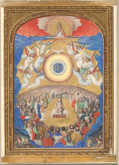 Käsikirjoituslehti, jossa pyhän nimen palvonta, Tuntikirjasta, vuoden 1530 jälkeen. tekijältä Influence of Simon Bening