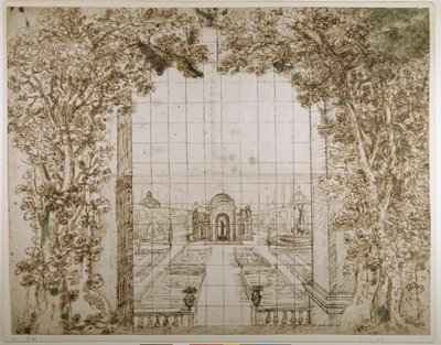Puutarha ja ruhtinaallinen huvila (kynä ja muste paperille) tekijältä Inigo Jones