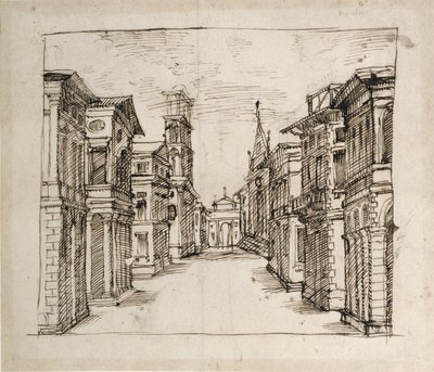 Katu perspektiivissä, n. 1617 (kynä ja muste paperille) tekijältä Inigo Jones