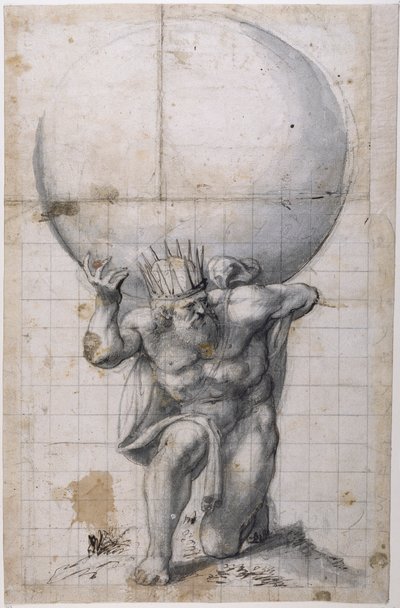 Atlas: takasuljin tai helpotuskohtaus (kynä ja muste paperille) tekijältä Inigo Jones