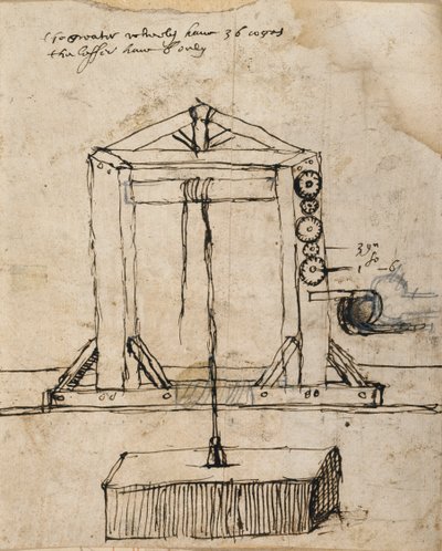 Kaavio hihnapyörän nostomuurauksesta (kynä ja muste paperille) tekijältä Inigo Jones