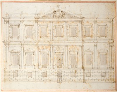 Banqueting Housen, Whitehallin, n. 1619, toiseksi viimeisen suunnitelman korkeus (kynä ja muste paperille) tekijältä Inigo Jones