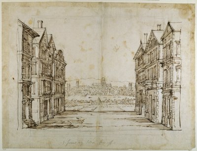 Englantilaiset talot Lontoon ja Thamesin kanssa kaukana (kynä ja muste paperille) tekijältä Inigo Jones