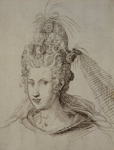 Päähine, luultavasti Anne of Denmark (kynä ja muste paperille) tekijältä Inigo Jones
