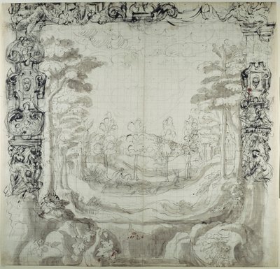 Proscenium ja metsästyskohtaus (kynä ja muste paperille) tekijältä Inigo Jones