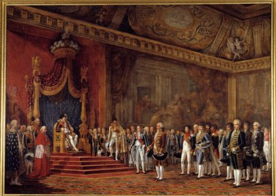 Rooman senaatin valtuuskunta kunnioittaa keisari Napoleon I:tä Tuileriesin palatsin valtaistuinsalissa 16. marraskuuta tekijältä Innocent Louis Goubaud