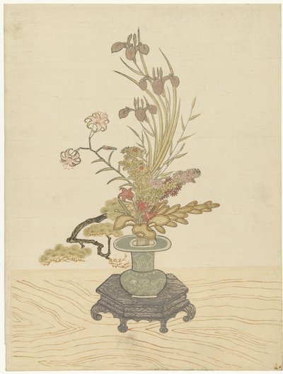 Ikebana-kukkaasetelma vihreässä maljakossa tekijältä Ippitsusai Bunchô (manner of)