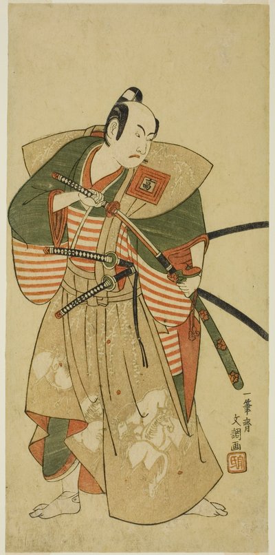 Näyttelijä Ichikawa Komazo II Kudo Saemon Suketsunena (?) näytelmässä Haru wa Soga Akebono-zoshi (?), joka esitettiin Nakamura-teatterissa (?) ensimmäisenä kuukautena, 1772 (?) tekijältä Ippitsusai Bunchō