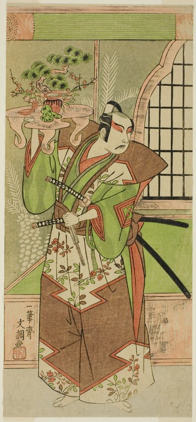 Näyttelijä Ichikawa Yaozo II esitystä edeltävässä näytelmässä "Soga Monogatari", joka esitettiin Morita-teatterissa toisessa kuussa 1773 tekijältä Ippitsusai Bunchō