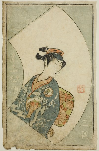 Näyttelijä Onoe Matsusuke I, sivu teoksesta "Vaihtoehtoisten fanien kuvakirja (Ehon butai ogi)" tekijältä Ippitsusai Bunchō