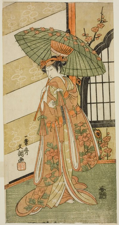 Näyttelijä Onoe Tamizo I Nishikigin roolissa näytelmässä Mutsu no Hana Ume no Kaomise, esitettiin Ichimura-teatterissa yhdestoista kuukaudessa, 1769 tekijältä Ippitsusai Bunchō