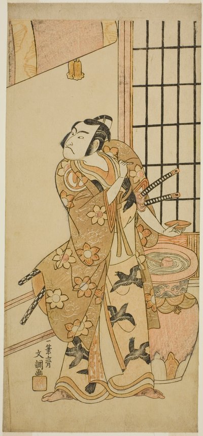 Näyttelijä Sawamura Sojuro II Kudo Suketsunena (?) näytelmässä Edo no Hana Wakayagi Soga (?), joka esitettiin Ichimura-teatterissa (?) toisessa kuussa, 1769 (?) tekijältä Ippitsusai Bunchō
