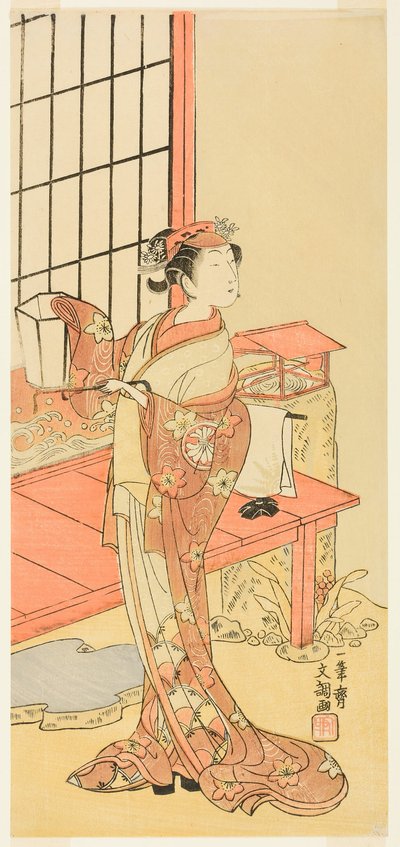 Näyttelijä Segawa Kikunojo II, mahdollisesti prinsessa Ayaorina näytelmässä Ima o Sakari Suehiro Genji (Genji-klaani nyt sen zenitissä), esitettiin Nakamura-teatterissa yhdennentoista kuukauden ensimmäisestä päivästä, 1768 tekijältä Ippitsusai Bunchō