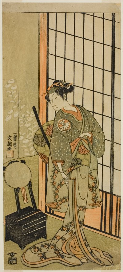 Näyttelijä Segawa Kikunojo II prinsessa Hitomaruna (Hitormaru Hime) (?) näytelmässä Soga Moyo Aigo no Wakamatsu (?), joka esitettiin Nakamura-teatterissa (?) ensimmäisenä kuukautena, 1769 (?) tekijältä Ippitsusai Bunchō
