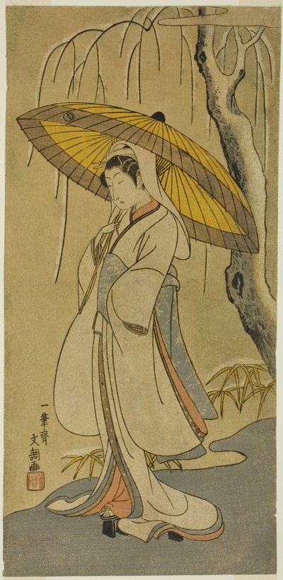 Näyttelijä Segawa Kikunojo II Heron Maidenna näytelmässä "Izun vanu suojelemassa avioliiton krysanteemeja (Myoto-giku Izu no Kisewata)," esitettiin Ichimura-teatterissa yhdennentoista kuukauden ensimmäisestä päivästä 1770 alkaen. tekijältä Ippitsusai Bunchō