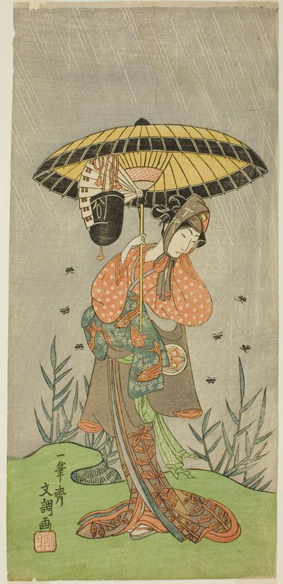 Näyttelijä Yamashita Kinsaku II Nijo no Kisakina (?) näytelmässä Natsu Matsuri Naniwa Kagami (?), joka esitettiin Morita-teatterissa (?) seitsemännessä kuussa, 1770 (?) tekijältä Ippitsusai Bunchō