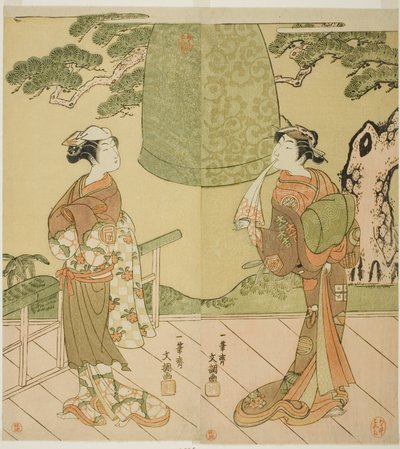 Näyttelijät Ichimura Uzaemon IX Shume no Hangan Morihisana (oikealla) ja Sanogawa Ichimatsu II Chujona (vasemmalla) näytelmässä Edo no Hana Wakayagi Soga, joka esitettiin Ichimura-teatterissa toisessa kuussa, 1769 tekijältä Ippitsusai Bunchō