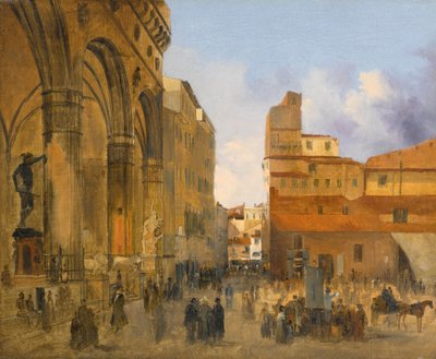 Firenze, näkymä Piazza della Signoria -aukiolle, vasemmalla Loggia dei Lanzi -aukio tekijältä Ippolito Caffi