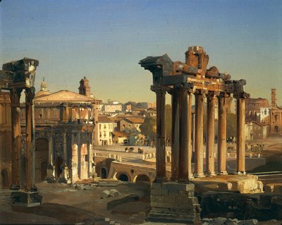 Italia, Rooma, Ippolito Caffin näkymä Rooman foorumeille, Vespasianuksen temppeli, Septimius Severuksen kaari ja Saturnuksen temppeli tekijältä Ippolito Caffi