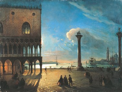 Piazzetta San Marco kuutamossa, Venetsia, Ippolito Caffi (1809-1866), öljy kankaalle, 52x70 cm tekijältä Ippolito Caffi