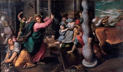 Le Christ chassant les marchands du temple - Kristus ajaa rahanlainaajat temppelistä - Ippolito Scarsellinon (Scarsella) maalaus (1551-1620), öljy kankaalle 1580-1585 (68x116 cm) - Musei Capitolini, Rooma tekijältä Ippolito Scarcella