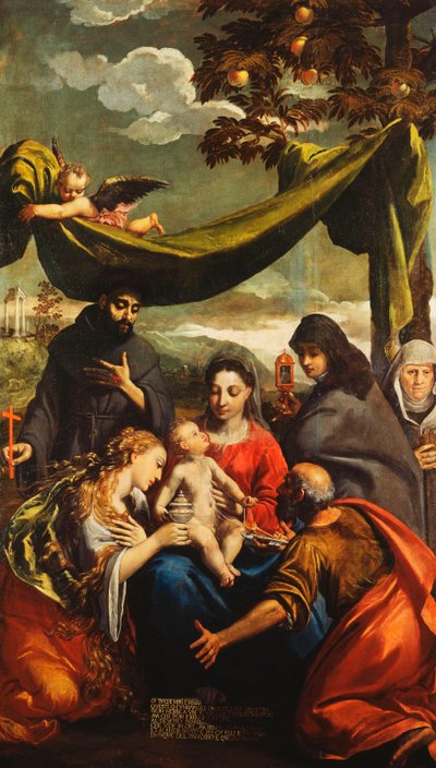 Madonna ja lapsi pyhien Maria Magdaleenan, Pietarin, Claren ja Franciscuksen kanssa sekä muotokuva Abbessista tekijältä Ippolito Scarsella