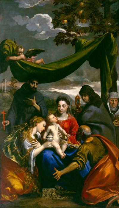 Neitsyt ja lapsi pyhien Maria Magdaleenan, Pietarin, Claren, Franciscuksen ja luostarin kanssa, n. 1600 tekijältä Ippolito Scarsella