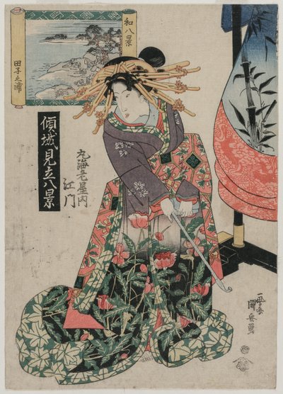 Maruebiyan kurtisaani-emon näköalalla Tago Baylle..., n. 1820-luvun lopulla tai 1830-luvun alussa. tekijältä Ipposai Kuniyasu
