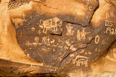 Petroglyfi lohkareella, jossa on biisoni ja toinen tiineenä oleva biisoni Willow Bendissä..., 2005 (kuva) tekijältä Ira Block
