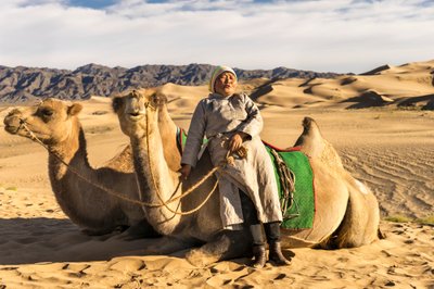 Nainen lepää kamelien kanssa Etelä-Gobin autiomaassa, Mongolia, 2015 (kuva). tekijältä Ira Block