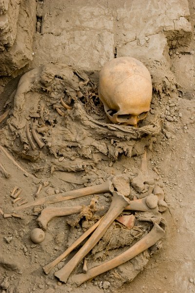 Uhrinainen hautauksessa te mummu -nipun kanssa Huaca El Brujossa, 2005 (kuva). tekijältä Ira Block