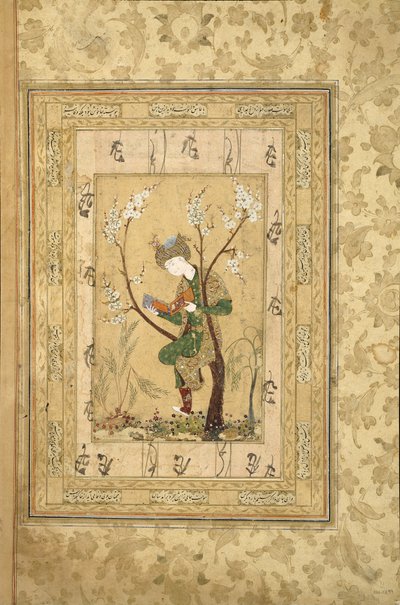 Nuoriso istuu kukkivan puun haarukassa, 1560-luku tekijältä Iranian Master