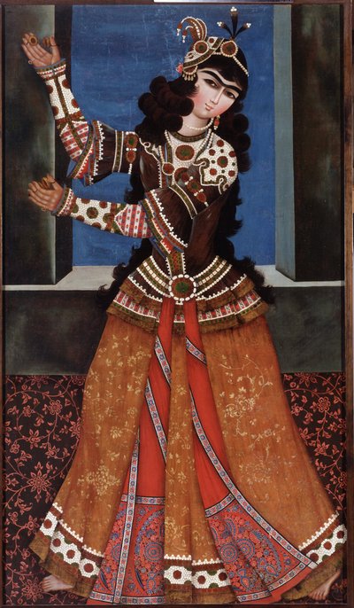 Tanssija kastanetteilla - Iranilaisen mestarin maalaus, öljy kankaalle (158x90 cm), 1800-luvun alku - Tanssiva tyttö kastanetteilla, Iranilaisen mestarin öljy kankaalle, 1800-luvun alku - Valtion Eremitaaši, Pietari tekijältä Iranian School