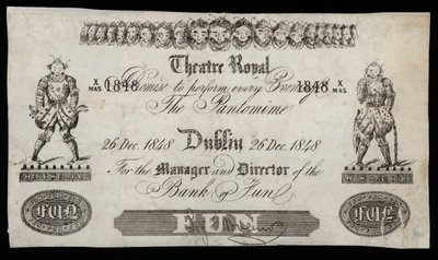 Mainos pantomiimista Theatre Royalissa Dublinissa, joka perustuu Bank of Irelandin seteliin tekijältä Irish School