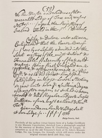 Varhaisin tunnettu todistus (irlantilainen) Grand Lodgen sinetillä, 1762 tekijältä Irish School