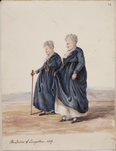 Lady Eleanor Butler ja neiti Sarah Ponsonby, Llangollenin naiset, noin 1816 (piirustus). tekijältä Irish School