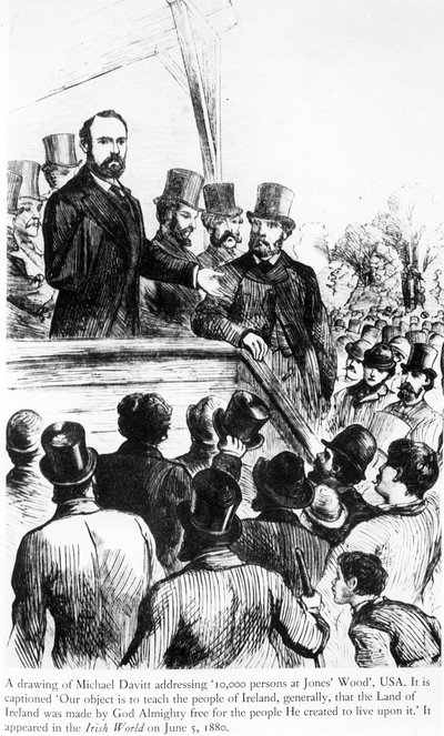 Michael Davitt puhuu 100 000 henkilölle Jones Woodissa, Yhdysvalloissa, Irish Worldistä, 5. kesäkuuta 1880 tekijältä Irish School