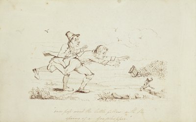 Yli Pop Went the Little Fellow with the Spring of a Heinäsirkka, kirjakuvitus, jossa on kaksi irlantilaista jahtaamassa leprechaunia, 1800-luku (kynä ja muste paperille) tekijältä Irish School