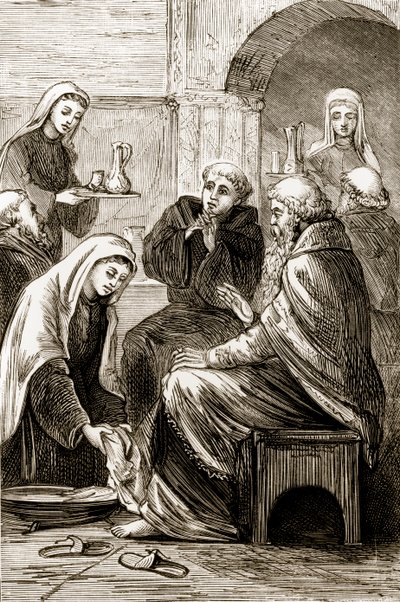 St. Brigit viihdyttämässä piispaa, Mary Cusackin (1829-1899) Trias Thaumaturga eli Irlannin kolme ihmetekevää pyhää, julkaistu noin 1890-luvulla tekijältä Irish School