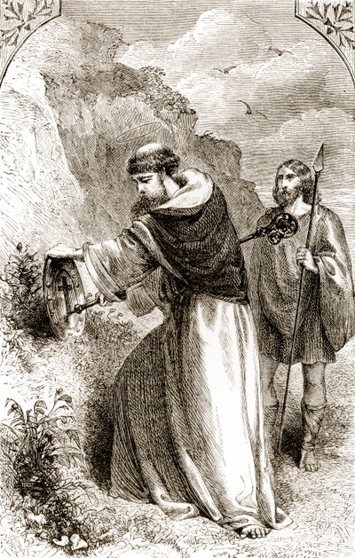 St. Patrick, joka merkitsee Connalsin kilpiä ristillä, Mary Cusackin (1829–1899) julkaisusta The Trias Thuamaturga tai Three Wonder-Working Saints of Ireland, julkaistu noin 1890-luvulla tekijältä Irish School