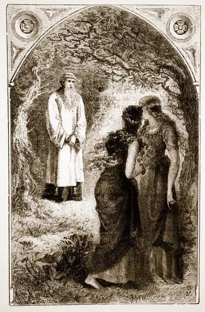 Pyhä Patrickin tapasivat neitsyet Fochlutin metsässä, Mary Cusackin (1829–1899) 1890-luvulla julkaistusta The Trias Thaumaturgasta tai Three Wonder-Working Working Saints of Irelandista tekijältä Irish School