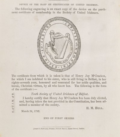 Belfastin Yhdistyneen Irlantilaisyhdistyksen sinetti, noin 1792 (kaiverrus). tekijältä Irish School