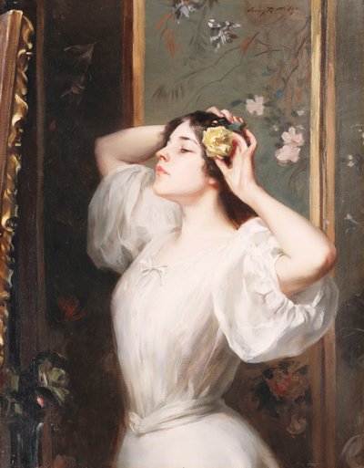 Keltainen ruusu, n. 1900 (öljy kankaalle) tekijältä Irving Ramsay Wiles