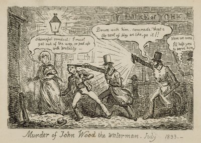 Vesimies John Woodin murha, heinäkuu 1833 (kaiverrus). tekijältä Isaac (after) Cruikshank
