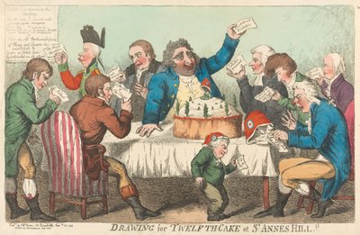Zeichnung für den Zwölften-Kuchen in St. Annes Hill tekijältä Isaac Cruikshank
