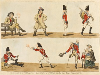 Hänestä tulisi sotilas? tai John Bullsin sotaretken historia, 1793 (värillinen etsaus). tekijältä Isaac Cruikshank