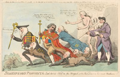 Shakespearen ennustus, erään viimeinen näytös Myrskyssä, eli naakat lainahöyhenissä (julkaisusta: Caricature, osa 3) tekijältä Isaac Cruikshank