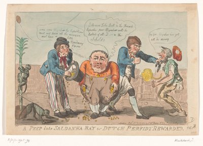 Sarjakuva, joka kuvaa Batavian laivaston antautumista Saldanhan lahdella, 1796 Kurkistus Saldanhan lahdelle tai hollantilainen Perfidy Rewarded (otsikko esineessä) tekijältä Isaac Cruikshank