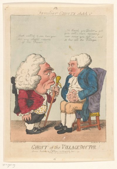 Spotprent op de dorpsarts, 1799 Tohtori kylän haamu! (otsikko esineessä) Familiar Ghosts (sarjan nimi esineessä) tekijältä Isaac Cruikshank