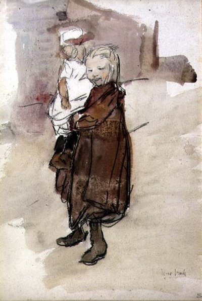 Tyttö ja lapsi (akvarelli paperille) tekijältä Isaac Israels